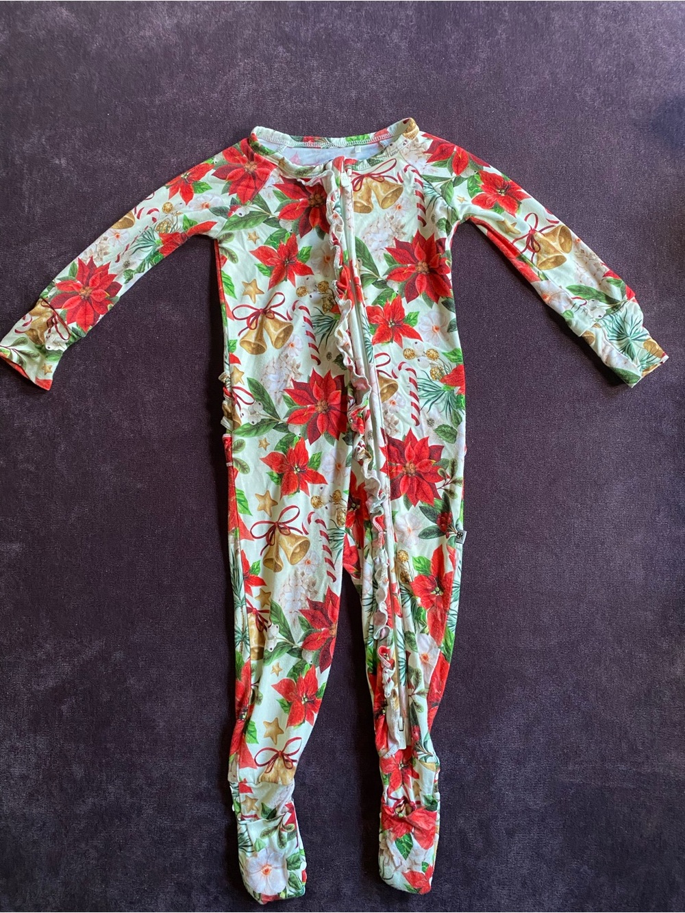 Bums & Roses Holiday Poinsettia Baby Girl One-Piece Zipper Pajamas 9-12m